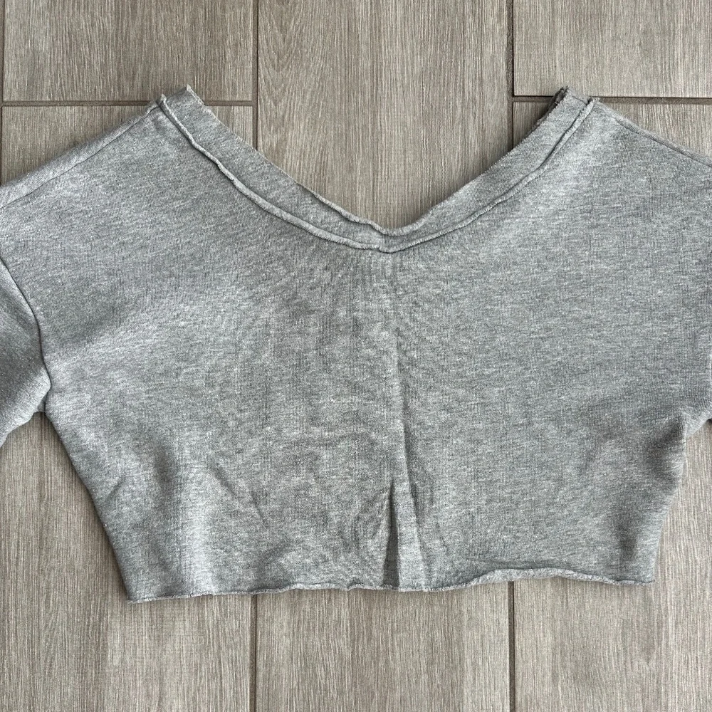 ALO Yoga Gray Cropped V‑Neck Sweatshirt Top